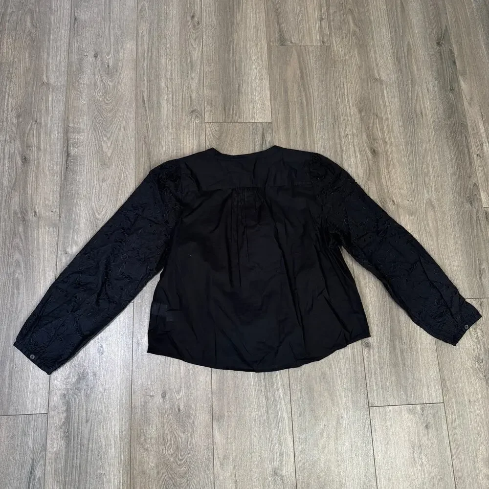 J.Crew Eyelet-Sleeve Button-Front Top Womens L Black Cotton Embroidered Crewneck